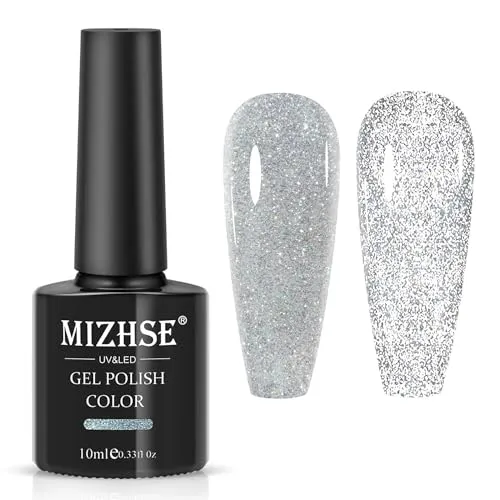 MIZHSE UV Nagellack Glitzer Silber, Weihnachts Glitter Gel Nagellack, Glitzer Gel Nail Polish, Glänzend Gellack für Nail Art/Nageldesign, Silber, 10ml