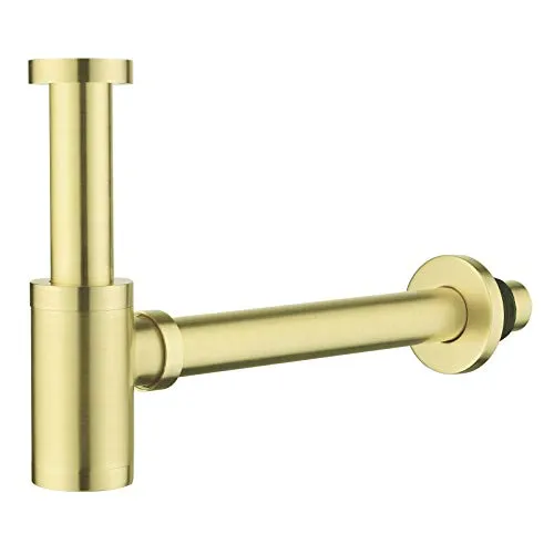 Keymark Design Siphon, Universal Designsiphon für Waschbecken & Waschtisch, Bad Abflussgarnitur passgenau Flaschensiphon 1 1/4 x 32mm, Geruchverschluss Messing, Gebürstete, Brushed Gold