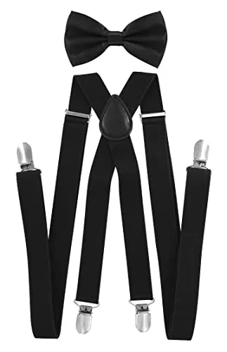 axy Hochwertige Herren Hosenträger mit Fliege - 4 Starken Clips X-Form (Schwarz (Hosenträger Breit 2,5cm))