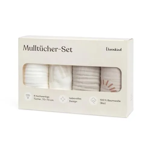 Ehrenkind® Mulltücher Baby 70x70 cm Premium Spucktücher - Mulltücher aus 100% Bio-Baumwolle für Neugeborene – weich, atmungsaktiv und vielseitig einsetzbar. Perfekt als Geschenk zur Baby Erstausstattung und für frischgebackene Eltern.