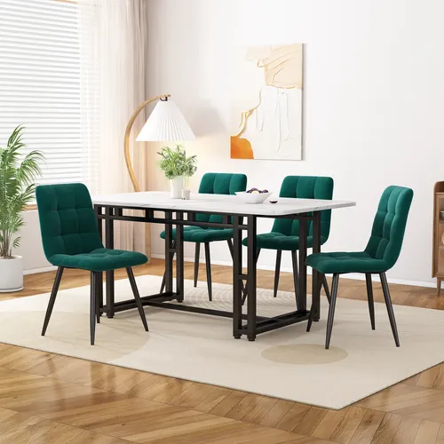 Flieks Essgruppe 5-tlg mit 4 Polsterstühlen und Esstisch - Moderne 5-teilige Essgruppe mit stilvollem Marmormuster. Ideal für Küche, Esszimmer oder Balkon. Weiche Samtstühle bieten hohen Sitzkomfort. Robuste MDF-Tischplatte und stabile Metallbeine sorgen für Langlebigkeit.