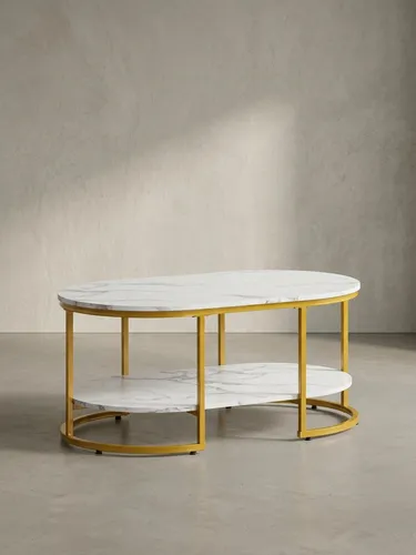 Eleganter Couchtisch 100x60 cm in Weiß mit Marmor-Optik - Modernes Design-Couchtisch mit abgerundeten Ecken und goldenen Metallgestell. Ablagefläche für Snacks und Zeitschriften - ideal für jedes Wohnzimmer!