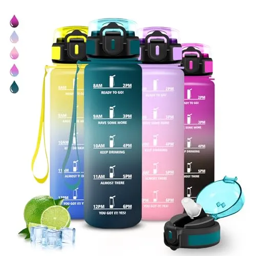 Trinkflasche, Trinkflasche 1l, Wasserflasche mit Strohhalm, Leicht zu Reinigen, Wasserflasche Auslaufsicher, Kann mit dir Tragen, Flasche Motivation, Flasche für Wandern, Fitness, Camping, Radfahren