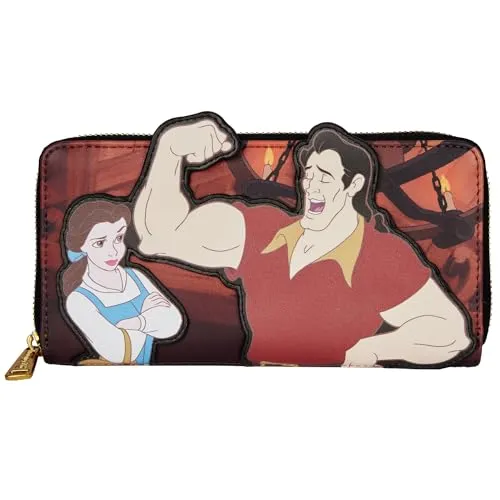 Loungefly Disney Villains Scene Gaston Geldbörse - Damen-Geldbörsen mit einzigartiger Frontszene von Gaston und Belle, aus veganem Leder, mit goldfarbener Hardware und einem auffälligen Innenfutter im Gaston-Design.