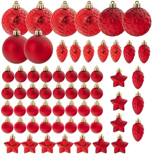 KADAX Weihnachtskugeln aus Kunststoff, Set aus 60 Kugeln, Christbaumkugeln, Weihnachtsbaumkugeln, Baumkugeln, Christbaumschmuck, Weihnachtsdeko (Rot)