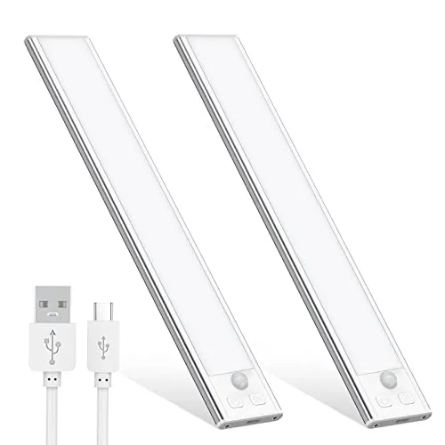 Unterbauleuchte Küche LED 20.5CM Schrankbeleuchtung mit Bewegungsmelder Stufenlose Dimmbar Unterbauleiste Led Leiste 1000mAh Aufladbar Nachtlicht für Küche Treppe Spiegelschrank Bücherregal-2 Stück