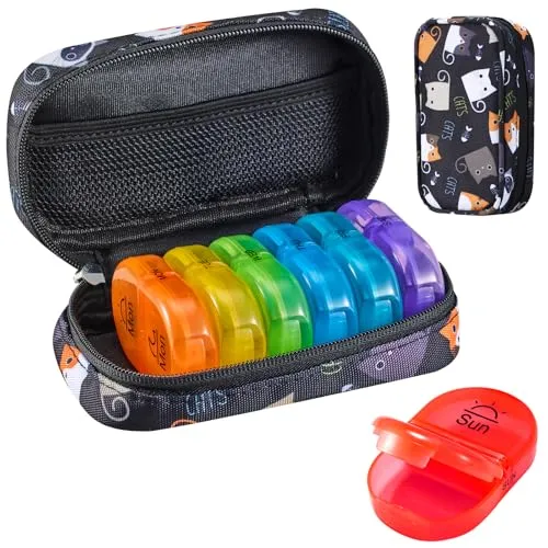 Serfeymi Tablettenbox 7 Tage Morgens Abends Pillendose 7 Tage 2 Fächer Regenbogen Medikamentenbox Tabletten Organizer mit Tragbarem Reißverschluss Canvas Tasche für Medikamente, Fischöle – Schwarz 02