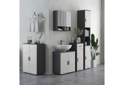 kleankin Badezimmerschrank mit Doppeltür - Hoch- & Midischränke fürs Bad mit verstellbaren Ablagen für optimale Aufbewahrung und modernem, kontrastreichem Design in Grau.