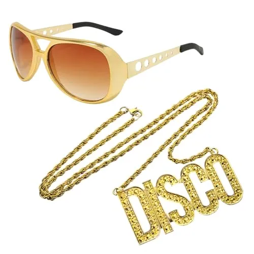 EUPSIIU 2 Stück Brille Disco Kette Gold Zubehör Set, 70er 80er 90er Rapper Hiphop Kostüm, Fasching Goldkette Zuhälter Kostüm Verkleidung für Cosplay Halloween Fasching Karneval Thema Party (Golden)