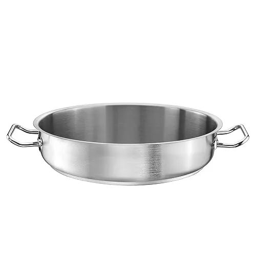 TOMGAST Servierpfanne Durchmesser: 36 cm Höhe: 8 cm Fassungsvermögen: 8 l | Edelstahl 18/10 | Wandstärke 1 mm bis 1,2 mm | Schichtaufbau Aluminium-Stahlboden | Induktion