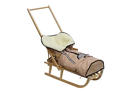 Holzschlitten für Kinder mit Rückenlehne Rodelschlitten Davoser Schlitten aus Holz mit einem Sicherheitsgurt Rückenlehne Pusher Winterfußsack