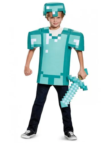 Minecraft™ Kostüm Diamant-Rüstung für Kinder, türkis, 10-12 Jahre - Offizielles Minecraft-Kostüm mit Oberteil und Kopfschmuck im charakteristischen Klötzchenlook. Ideal für Mottopartys, Kindergeburtstage oder Karneval.