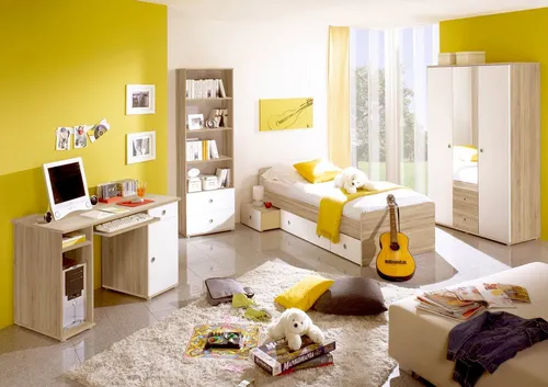 möbel-direkt.de Jugendzimmer-Set Wiki, 4-tlg. mit Funktionsbett und Schreibtisch - Komplettzimmer mit Kleiderschrank, Funktionsbett 90x200 cm, Schreibtisch und Standregal. Das Funktionsbett bietet praktische Bettschubkästen und einen integrierten Nachttisch.
