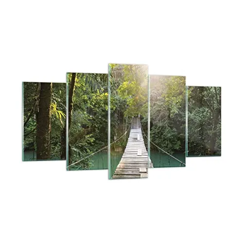 Wandbilder Dekoration Wohnzimmer Brücke Seil Dschungel Mehrteilige Bilder auf Glas 160x85cm Glasbild Schlafzimmer Küche Set 5 teilige Wand Kunstdruck Art Groß XXL Wanddeko Modern GEA160x85-4397