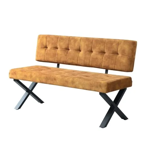 B&D home® Sitzbank Karen 140cm – gepolsterte Esszimmerbank mit Rückenlehne, X-Metallgestell schwarz, Webstoff/Microfaser in Gelb, modern Industrial Design für Esszimmer, Küche & Flur