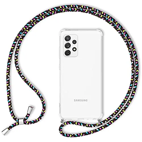 NALIA Handyhülle mit Kette kompatibel mit Samsung Galaxy A72 Hülle, Transparente Schutzhülle & Handy-Schnur, Slim Necklace Hardcase mit Umhänge-Band, Kordel Cover Chain Etui, Farbe:Konfetti Schwarz