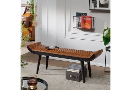 FineBuy Sitzbank Echtleder / Holz Polsterbank 125x51x38 cm - Sitzbänke in modernem Design mit üppiger Polsterung und stylischem Rillen-Muster für höchsten Sitzkomfort, ideal für Flur oder Schlafzimmer.