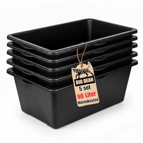 Mörtelkübel 90 Liter eckig - 5 Stück Made in Europe - Praktische 5er-Packung Mörtelkübel mit 90 Litern für schnelles Anrühren von Materialien. Stapelbar und platzsparend, ideal für Baustellen. Robuste Qualität aus dickwandigem Kunststoff, auch für Garten- und Tierhaltungsprojekte geeignet.