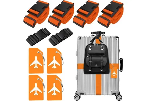 Einstellbare Koffergurte 4 Stück in Orange - Set mit 4 auffälligen Koffergurten für eine einfache Erkennung deines Gepäcks. Hergestellt aus strapazierfähigen Materialien, bieten sie Sicherheit und Stil auf Reisen. Ideal für Koffer von 16-32 Zoll.