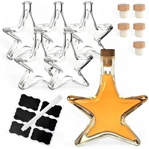 gouveo 6er Set Sternflasche 200 ml aus Glas Transparent mit Holzgriffkorken