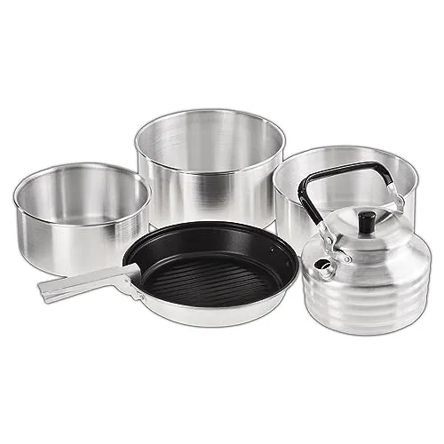 BLACK CREVICE Camping-Kochset - 3 Töpfe & Bratpfanne aus Aluminium - Geschirr-Set für Outdoor-Kochen, leichtes Aluminium mit Antihaftbeschichtung, ideal für mehrere Personen und einfach zu transportieren.