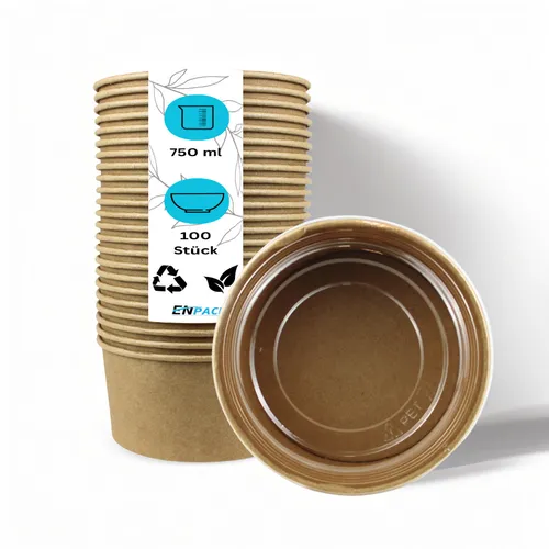 750ml Pappschalen für Lebensmittel aus Kraft Papier mit RPET Deckel 100 Stück