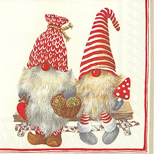 Friendly Tomte Papierservietten, Weihnachtselfen, Zwerge, 20 Stück, 33 cm, quadratisch, Rot