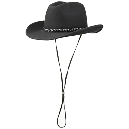 Lipodo Westernhut mit Kinnband Damen Herren 100% Wollfilz Made in Italy Rodeohut mit Lederband Cowboyhut Filz Sommer Winter schwarz M (56-57 cm)