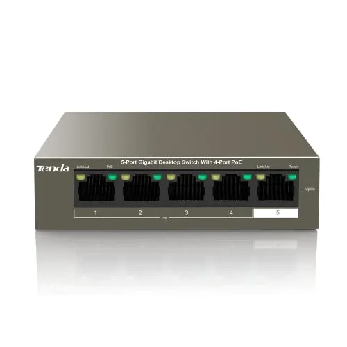 Tenda Gigabit PoE Switch 5 Ports mit 4 PoE+ Ports & 1 Uplink-Port (58W, VLAN, IEEE-802.3af/at PoE, lüfterlos, Plug-and-Play, Metallgehäuse) (TEG1105P-4-63W)