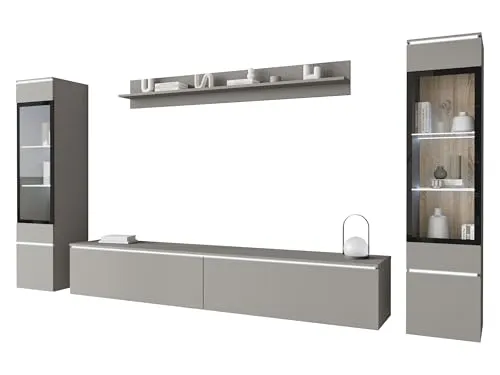 Mirjan24 Wohnwand Doppo II - Griffloses Design mit LED-Beleuchtung - Moderne Wohnwand Doppo II in Palladgrau, bietet flexibles Aufstellen oder Aufhängen und beeindruckende LED-Beleuchtung für stilvolle Akzente.