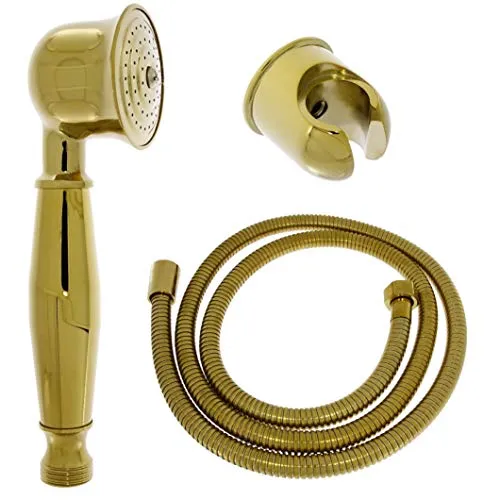 Nostalgie Retro Handbrause Brause Brausekopf Duschkopf mit Brauseschlauch und Brausehalterung aus Messing mit gold Oberfläche