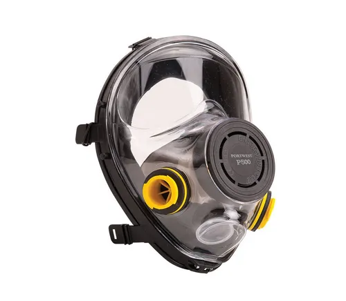 Portwest PWP500 Atemschutz-Vollmaske mit doppeltem Bayonet Filter - Vollmaske mit doppeltem Bayonet Filter-Verschluss und großem Blickfeld. Verstellbarer Kopfgurt sorgt für optimale Abdichtung. Doppelte Ausatemventile reduzieren Beschlag und erhöhen den Tragekomfort. CE-zertifiziert.