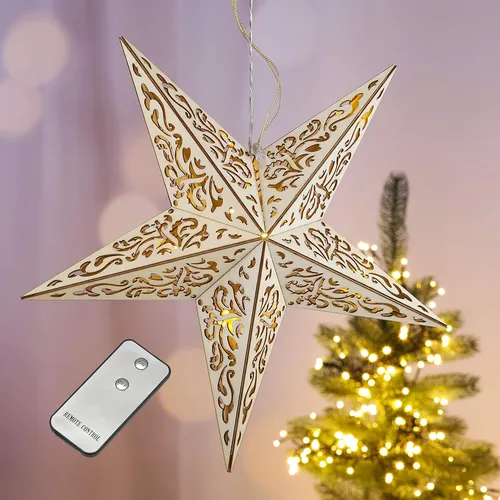 LED Holzstern Weihnachtsstern mit Aufhängung und Fernbedienung, Ø 40 cm