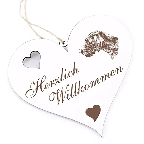 Herzlich Willkommen Schild - Deutsch Drahthaar - Deko Herz Holz Willkommensschild Türschild Dekoschild Türdeko