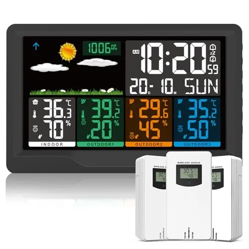 Qxmcov Wetterstation Funk mit Außensensor, Multifunktionale Wetterstation Funk mit 3 Außensensor Digital Thermometer Hygrometer Außen Innen Raumthermometer Hydrometer mit Wettervorhersage für Hau