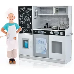 COSTWAY Kinderküche mit 10 Spielzubehör, Spielküche Kinder mit Tafel, Spielzeugküche mit Mikrowelle Eismaschine & Geschirrspüler & Backofen (W...
