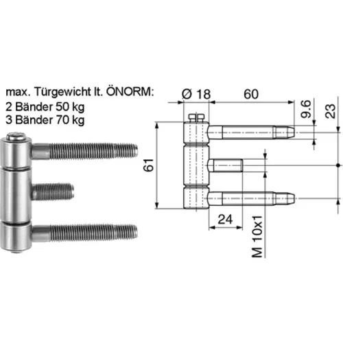 Zargenband 3tlg, Grösse 18, Gewinde M10x1 vernickelt