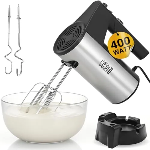 LEBENLANG Handmixer 400W mit Standhalterung - Leistungsstarker Handmixer mit 5 Geschwindigkeitsstufen und Turbo-Funktion für müheloses Rühren und Schlagen. Inklusive hochwertiger Rührbesen und Knethaken aus Edelstahl – ideal für jede Küche!