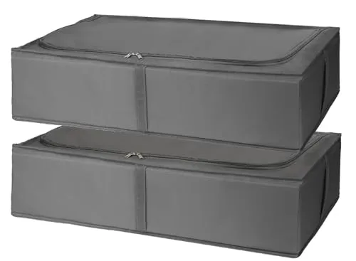 Ezvsevuo 2 Stück Unterbett Aufbewahrungsbox, Faltbare Unterbettkommode mit Strapazierfähiges Gewebe, Unterbett Aufbewahrung mit Deckel für Kleidung, Bettdecken, Bettwäsche - 68x40x17cm, Grau