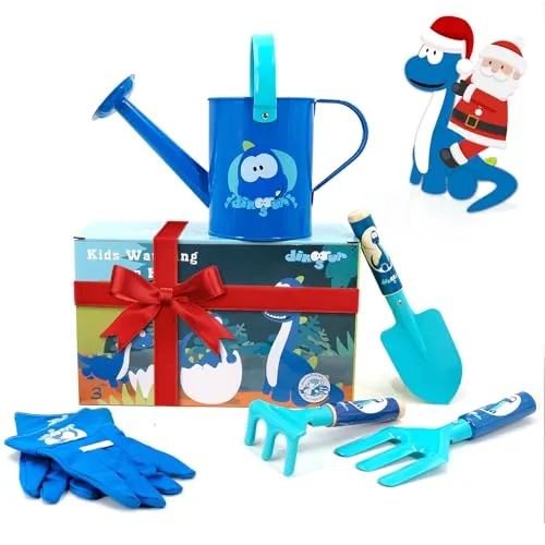 Colwelt Kinder-Garten-Set, 5-teilig, niedliche Metall-Gartengeräte für Kinder, inklusive Metall-Gießkanne, Holzgriff, Kelle, Gabel, Rechen, Handschuhe, Kinder-Gartengeräte (blau)