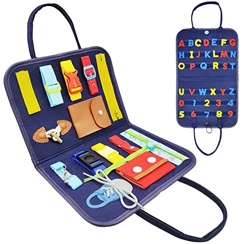 Goujfol Activity Board Montessori Spielzeug, Busy Board für Kinder, Schuhe Binden Lernen Kleinkinder Motorikbrett, Lernen Grundleben und Feinmotorik Baby (Blau)