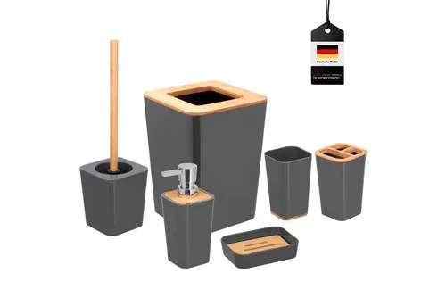 bremermann 6tlg. Bad-Set Calvi - Badausstattung Set mit stilvollem Design und warmen Bambuselementen, inklusive Seifenspender, WC-Bürste und mehr - ideal für ein modernes Badezimmer.
