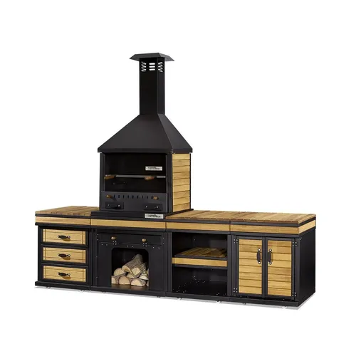 Grill Outdoorküche Gartenküche Schwarz - Robuste Außenküche aus Holz und Edelstahl, freistehend mit großzügigem Kochbereich. Ideal für gesellige Grillabende auf Terrasse oder im Garten. Maße: 264 x 72 x 181 cm.