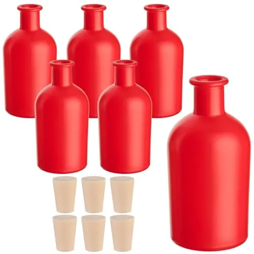 gouveo 6er Set Glasflasche 250 ml (0,25 l) Glasflasche 250 ml Apotheker rund mit Korken (Stopfen), rot gefärbtes Glas, leere runde Flaschen zum Befüllen für Likör, Öl & Essig (AFR250RPEK)