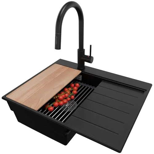 PRIMAGRAN Granitspüle Schwarz 62x50cm - Sydney S395 mit Küchenarmatur und Zubehör - 1 Becken Spülbecken mit außergewöhnlicher Widerstandsfähigkeit gegen Kratzer und Stöße, ideal für große Geschirrteile und einfache Montage.