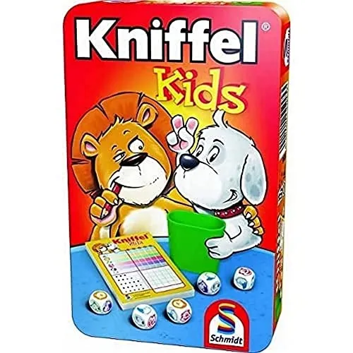Schmidt Spiele 51245 Kniffel Kids - Kinderversion in der Metalldose - Gesellschaftsspiel für 2 bis 6 Spieler, ideal für Kinder ab 5 Jahren. Fördert das Spielvergnügen auch ohne Lesen – Spaß für die ganze Familie!