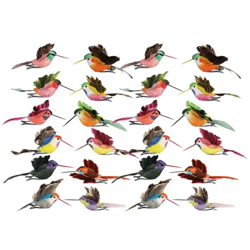 com-four® 24x Dekokolibri - künstliche Blütenvögel in bunten Designs - kleine Dekovögel mit Federn und Metall-Clip - Zier-Vogel für Dekoration - Nektarfee (24x Kolibri)
