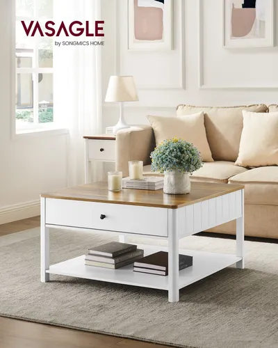 VASAGLE Couchtisch im Küstenlook, 80 x 80 cm - Moderner Wohnzimmertisch mit viel Stauraum, zwei Schubladen und einfacher Selbstmontage – ideal für stilvolle Wohnzimmer.