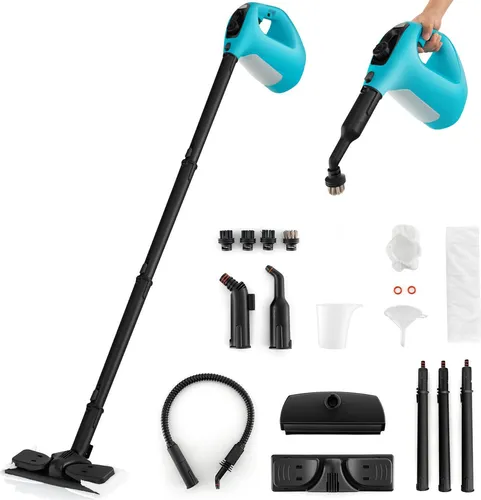 GOPLUS Dampfreiniger 1500 W, Mehrzweck Dampfwischer mit 14 tlg. Zubehör und Kindersicherung, Handdampfreiniger, 1 Min. Aufheizzeit für Bad (Blau)
