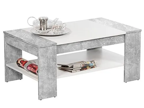 möbelando Couchtisch Ariela I - Moderner Wohnzimmertisch in Beton/Weiß - Beistelltisch fürs Wohnzimmer mit praktischem Schubkasten und Ablageboden für Ordnung. Hochwertige melaminharzbeschichtete Oberfläche schützt vor Kratzern und Abnutzung.